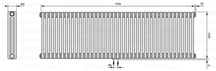 Схема (чертеж) Радиатор Zehnder Charleston 3120/39 №5410 Белый глянцевый RAL 9016